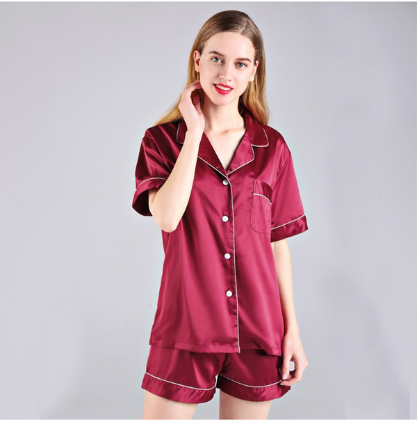 Satin Pyjamas - Short sleeve with Shorts - Burgundy