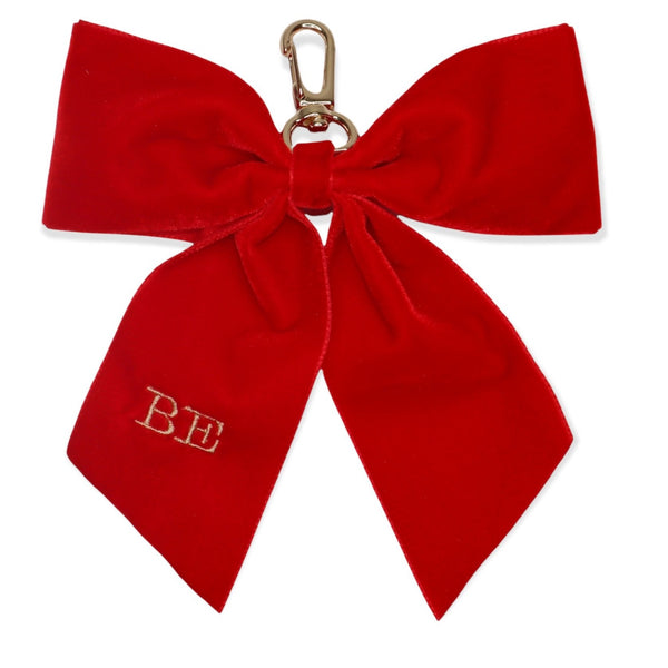Mini Luxury Velvet Monogrammed Bow Keyring - Red