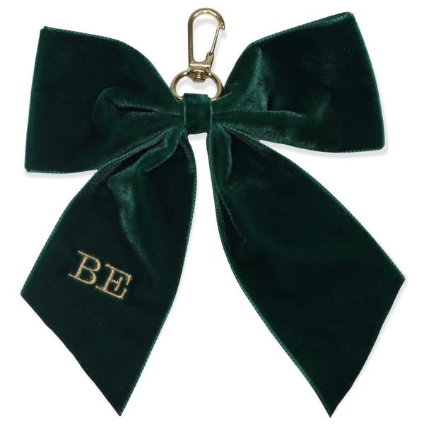 Mini Luxury Velvet Monogrammed Bow Keyring - Dark Green