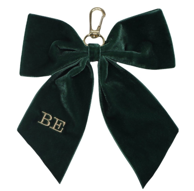 Mini Luxury Velvet Monogrammed Bow Keyring - Dark Green